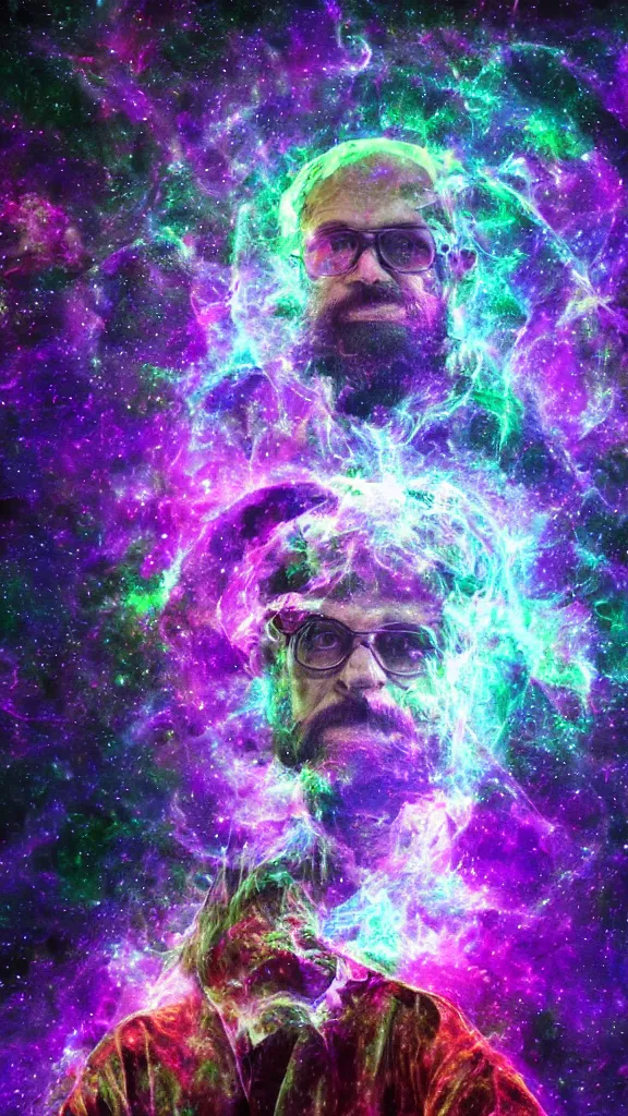 Image similar to terrance mckenna protrait in a nebula with fractals and mushrooms, vivid psychadelic colorful purple, 8 k, high deatil, artstationhd, smoke mirrors