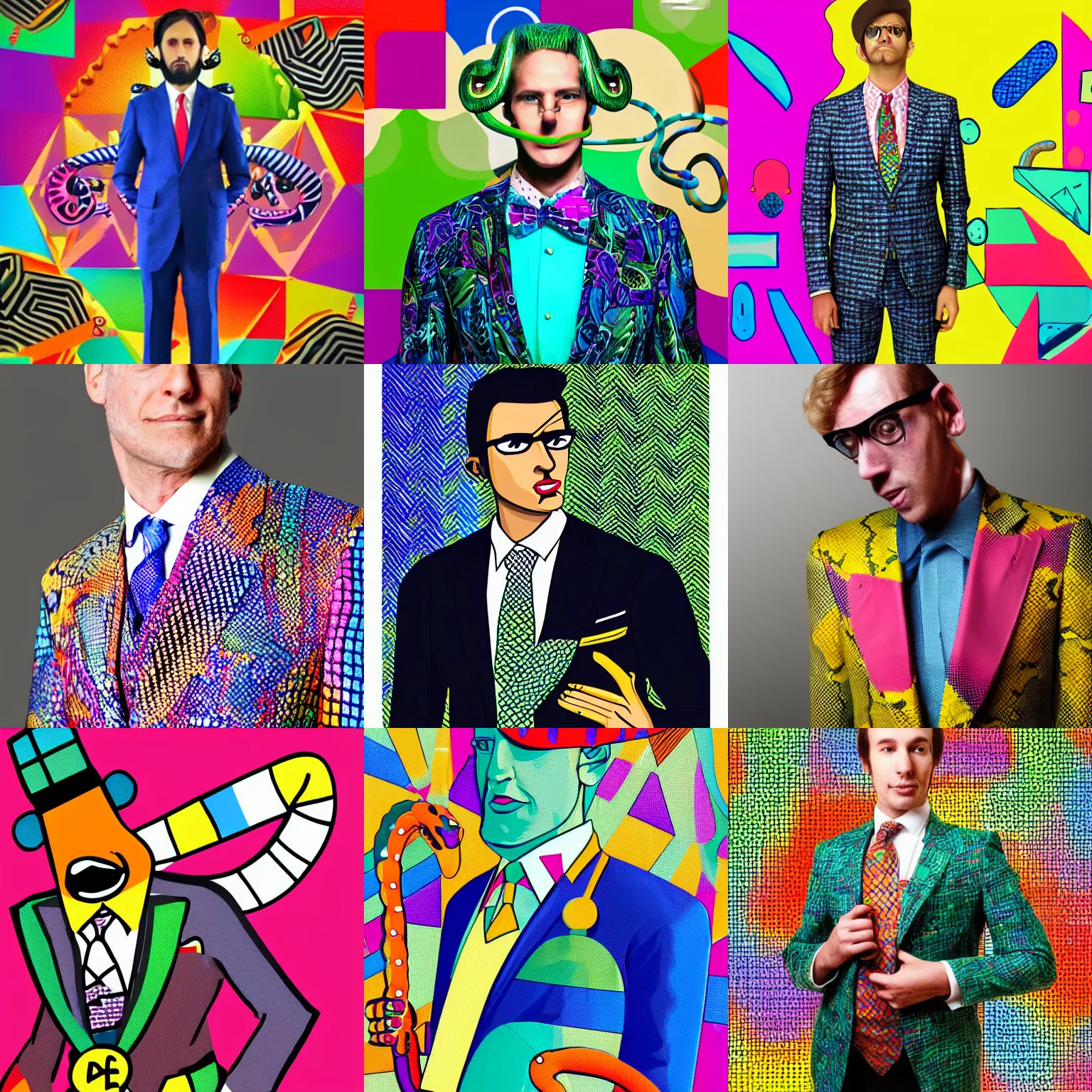 Prompt: anthropomorphic snake oil salesman, spangly suit, DMT colourful maximalist geometry