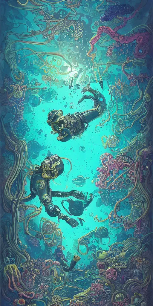 Image similar to a picture of mysterious colourful underwater sea life, being discovered by a man in a steampunk diving suit. water is deep aquamarine coloured. poster art by james jean, concept art, behance contest winner, very detailed, award - winning. lovecraftian, cosmic horror, bioluminescence.