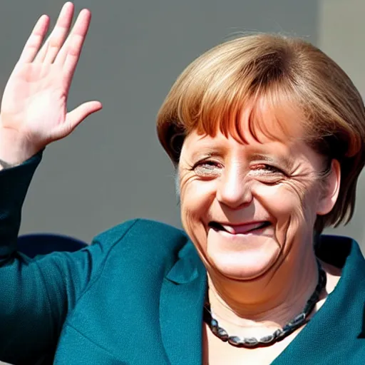 Image similar to angela merkel, laughing hysterically while doing the nazi salute, in the style of studio ghibli