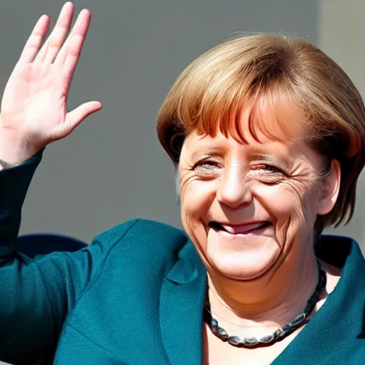 Prompt: angela merkel, laughing hysterically while doing the nazi salute, in the style of studio ghibli