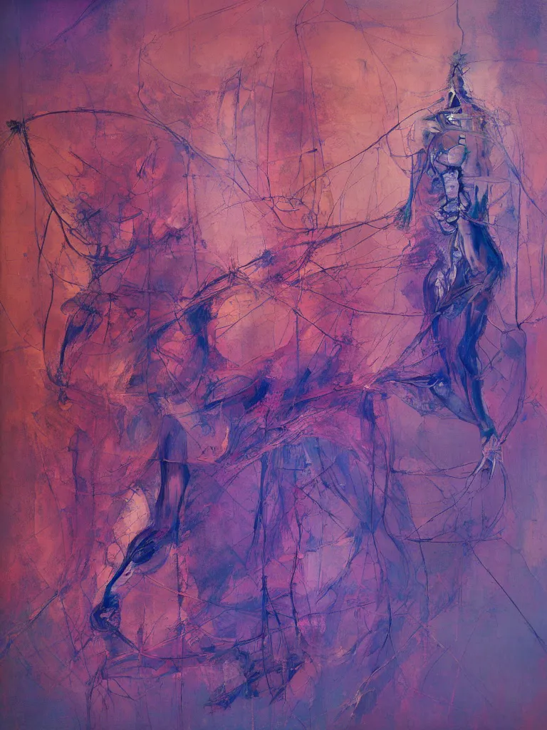 Prompt: a beautiful abstract painting by peter vahlefeld of an anatomy study of the human body on a highway intersection, color bleeding, pixel sorting, copper oxide material, brushstrokes by jeremy mann, studio lighting, pastel purple background, square shapes