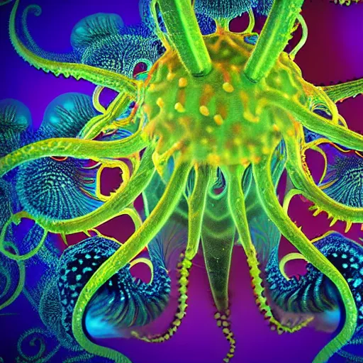 Prompt: strange, hyper detailed, fractal jellyfish, mutant, tendrils, tentacles, glowing, underdater picture, tropical, crystal waters, reef