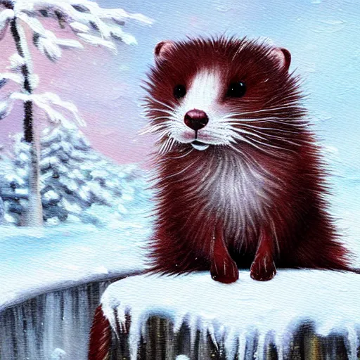 Prompt: cute fluffy ferret sitting in snowy winter landscape detailed painting 4 k