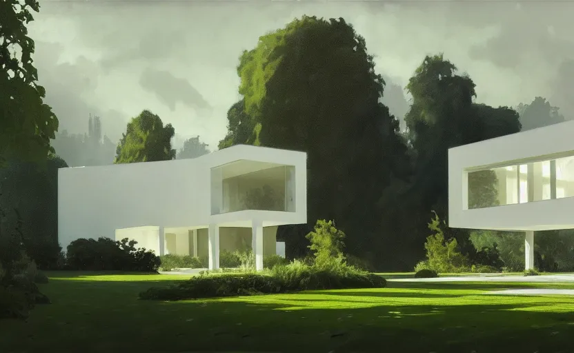 Image similar to painting of a wide angle exterior shot of a white modern architecture in the middle of an english garden with cinematic lighting by peter zumthor and renzo piano, darek zabrocki and greg ruthkowski, alphonse mucha, simon stalenhag and cinematic and blue cold atmospheric, archillect concept art, artstation, trending on artstation