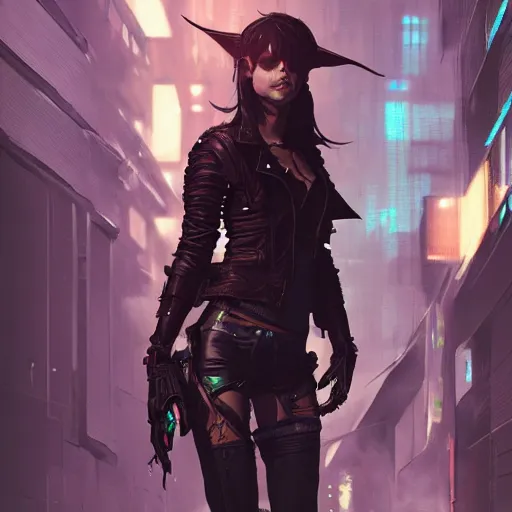 Image similar to full body portrait of an elf woman with elf ears wearing a leather jacket, cyberpunk digital art, dramatic lighting, illustration by Greg rutkowski, yoji shinkawa, 4k, digital art, concept art, trending on artstation