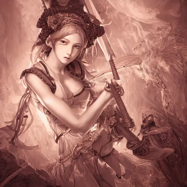 Image similar to studio portrait of neutral good colorful female cleric bard healer as absurdly beautiful, elegant, young skinny gravure idol, an ultrafine hyperdetailed illustration by kim jung gi, irakli nadar, intricate linework, sharp focus, bright colors, octopath traveler, final fantasy, unreal engine 5 highly rendered, global illumination, radiant light, detailed and intricate environment