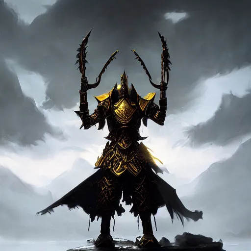 Image similar to anthropomorphic dragon warrior stands tall wearing black and gold plate armor, oil painting, Tooth Wu, Greg Rutkowski, RPG, dynamic lighting, fantasy art, High contrast, depth of field, landscape, scenery