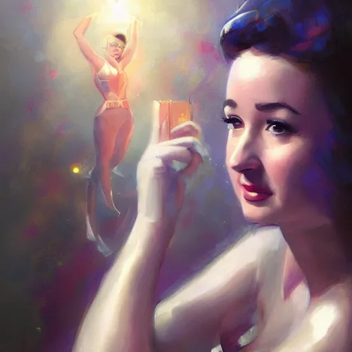 Prompt: Portrait of Milana Vayntrub as the heroine of a 1950s sci-fi movie poster art by Ruan Jia and Mandy Jurgens and Artgerm and william-adolphe bouguerea, highly detailed, trending on artstation, award winning,