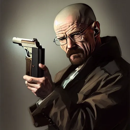 Image similar to portrait of walter white holding a colt model 1 9 1 1, 4 k, concept art, by wlop, ilya kuvshinov, artgerm, krenz cushart, greg rutkowski, pixiv. cinematic dramatic atmosphere, sharp focus, volumetric lighting, cinematic lighting, studio quality