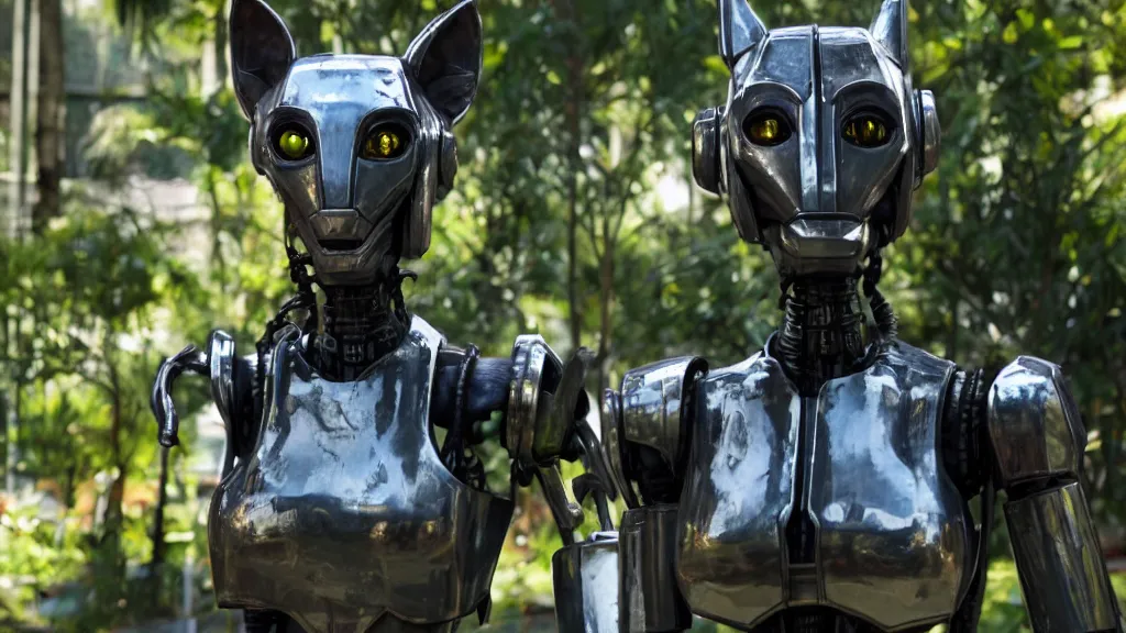 Prompt: film still from the movie chappie of the robot chappie shiny metal outdoor park plants garden scene bokeh depth of field several figures furry anthro anthropomorphic stylized cat ears wolf muzzle head android service droid robot machine fursona