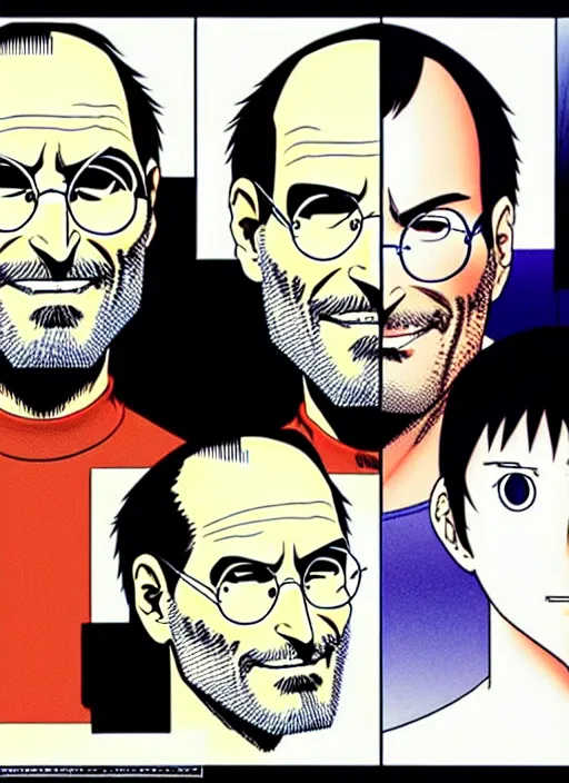 Image similar to steve jobs manga in color, final page, portrait, by katsuhiro otomo and hiroya oku and makoto yukimura