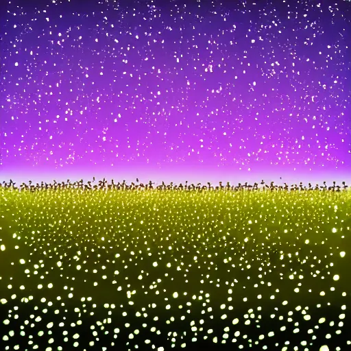 Image similar to realistic field of lit up fireflies, swarm, floral, nighttime, wide shot