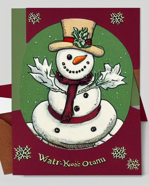 Image similar to traditional victorian snowman illustration greeting card design in maroon and moss green inspired by walter crane, intricately detailed with ultra - hd focus, exquisite, on flat matter crisp paper