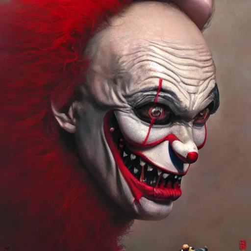 Image similar to vladimir putin, horror clown costume, red nose jester, macabre, stuning 3 d render, masterpiece, dark, by donato giancola and greg rutkowski and wayne barlow and zdzisław beksinski, realistic face