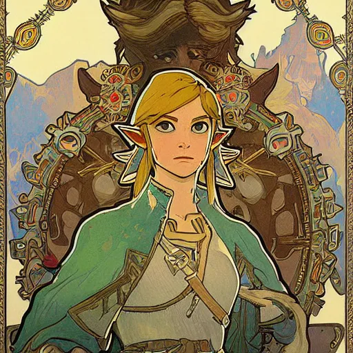 Prompt: a painting of the legend of zelda : breath of the wild by mucha