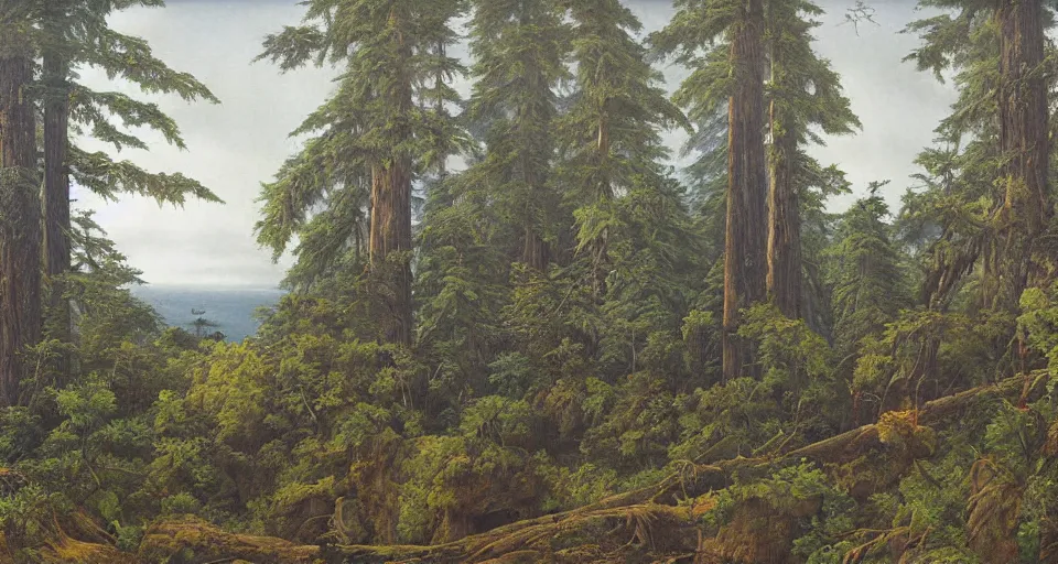 Prompt: epic painting of a coastal redwood forest, an owl sits on a park bench in the lower right, Joachim Patinier