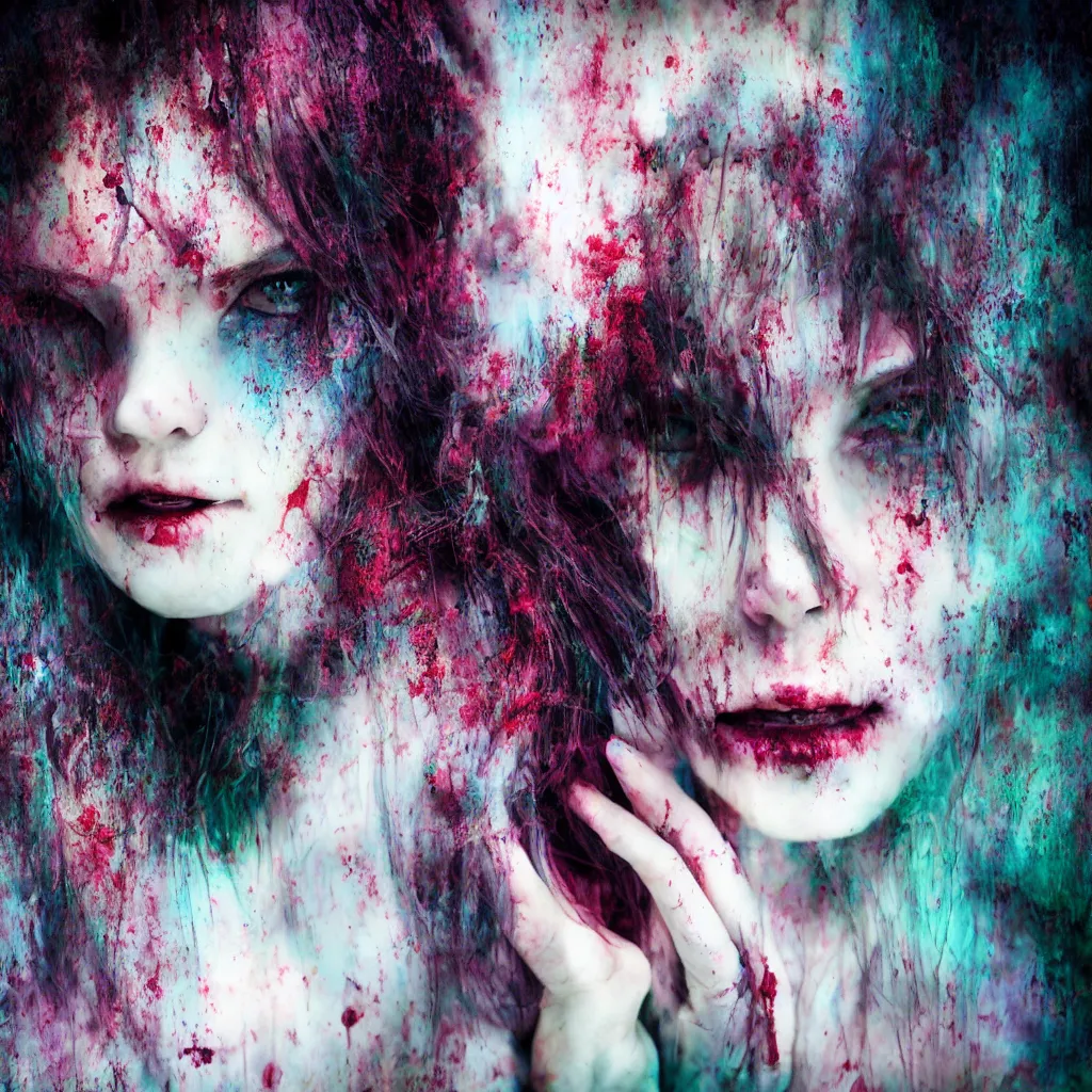 Prompt: wispy ink horror, neochrome colors, realistic render, portrait of beautiful pale woman, zombie art, photo pic by matte painting