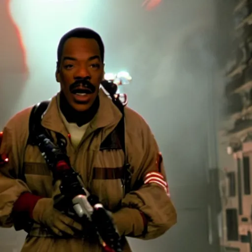 Prompt: awe inspiring Eddie Murphy playing a Ghostbuster in a still from the movie Ghostbusters 8k hdr