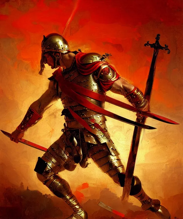 Prompt: renaissance painting of muscular roman soldier with sword by simon bisley and greg rutkowski, full body armor! dynamic battle pose, vivid red and gold color scheme, cinematic atmospheric lighting