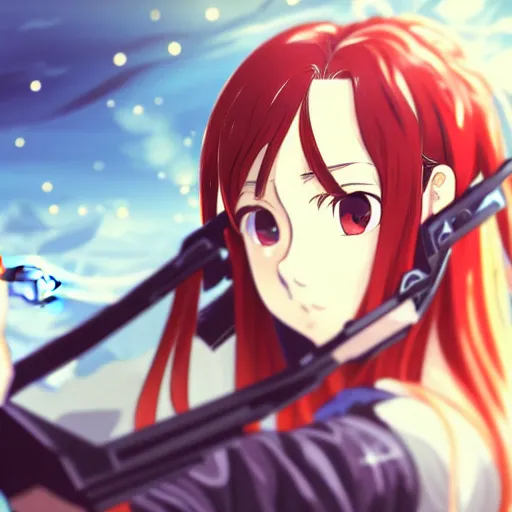 Prompt: 3 / 4 view of a portrait of a badass woman taking a selfie in a mirror, sky backgorund, genshin impact, intricate, elegant, sharp focus, illustration, highly detailed, concept art, matte, trending on artstation, anime, strong strokes, cell shading, photo of asuna from sao h 6 4 0