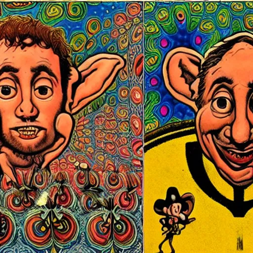 Image similar to Joe Rogan interviewing a psychedelic-DMT, surrealist clock-work Elf, famous painting by R. Crumb and Walt Disney