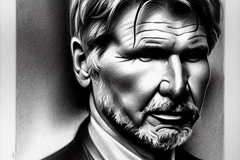 Image similar to hyperrealist portrait pencil sketch of harrison ford by david malan and alphonse mucha, fantasy art, drawing, dynamic lighting, artstation, poster, volumetric lighting, very detailed faces, 4 k, award winning