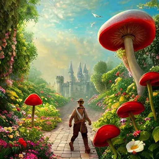 Prompt: portrait of Mario, walking through a garden of exotic flowers in the Mushroom Kingdom, giant red and white spotted mushrooms, and roses, from behind, Castle in distance, birds in the sky, sunlight and rays of light shining through trees, beautiful, solarpunk!!!, highly detailed, digital painting by Michael Garmash and Peter Mohrbacher