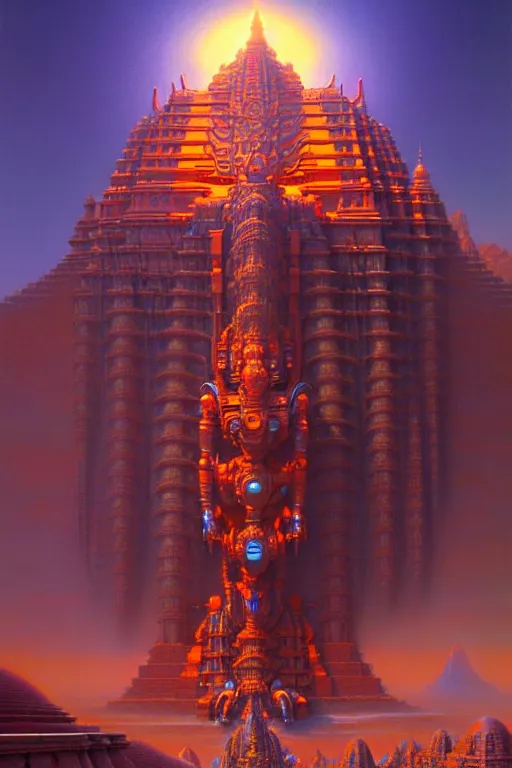 Prompt: a giant hindu architecture mecha, tim hildebrandt, wayne barlowe, bruce pennington, donato giancola, trending on artstation, cinematic composition, beautiful lighting, hyper detailed, 8 k, oil on canvas