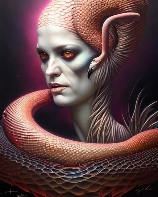 Prompt: a detailed portrait of dreampunk flamingo python hybrid mix by tomasz alen kopera and peter mohrbacher