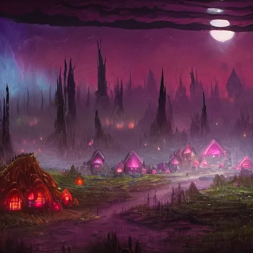 Image similar to concept art painting of a fantasy alien nighttime landscape of houses made of fungus, with glowing blue lights, glowing mushrooms, dark purple sky, realistic, detailed, cel shaded, in the style of makoto shinkai and greg rutkowski and albert bierstadt and james gurney