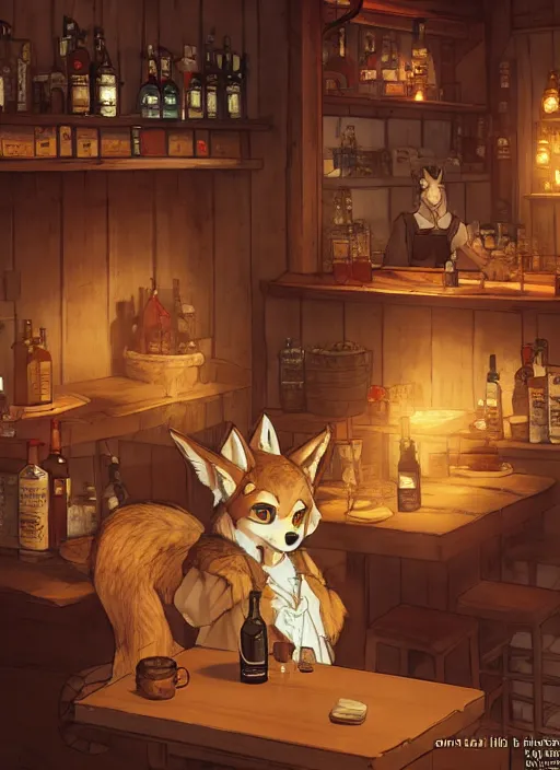 Image similar to anthro coyote fursona barmaid in a cozy tavern, hidari, color page, tankoban, 4K, tone mapping, Akihiko Yoshida.