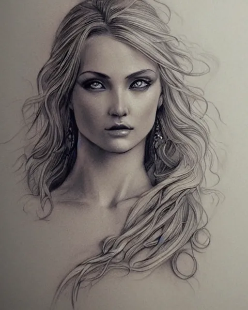 Image similar to tattoo sketch of beautiful greek goddess aphrodite, bow and arrow, beautiful piercing eyes, flowing blonde hair, realistic face, hyper realistic, in the style of greg rutkowski, fantasy, amazing detail, epic, intricate, elegant, smooth, sharp focus