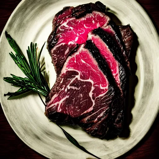 Image similar to skull plate wagyu steak perfect sear macro gourmet food photography