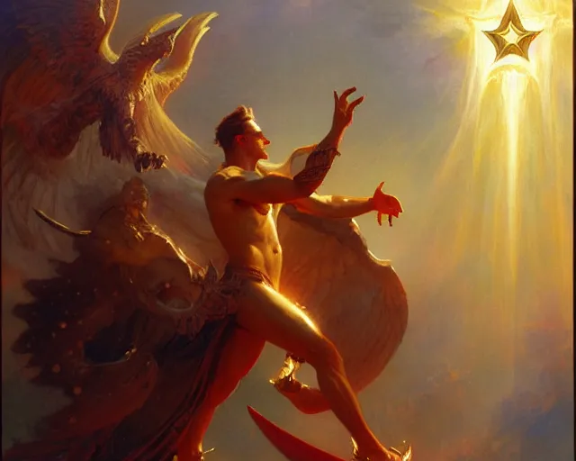 Image similar to attractive male deity, casting demonic magic, summoning handsome lucifer morning star. highly detailed painting by gaston bussiere, craig mullins, j. c. leyendecker 8 k