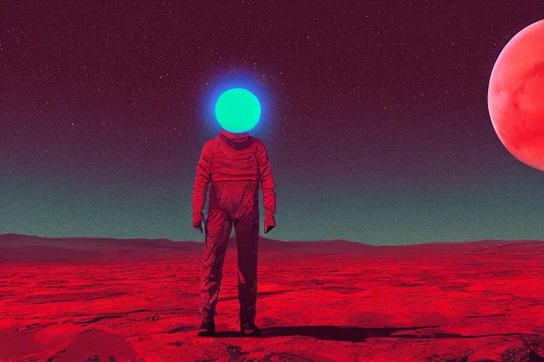 Image similar to a sad human standing on mars in the style of flooko, acrylic art, detailed, moonlight, red lighting, bokeh, synthwave, psychedelic, glitch, neon,