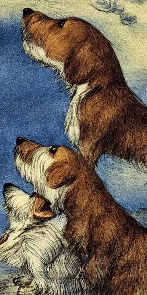 Image similar to candid portrait of jack russel dog howling sad, night sky, highly detailed, side view, illustrated by peggy fortnum and beatrix potter and sir john tenniel