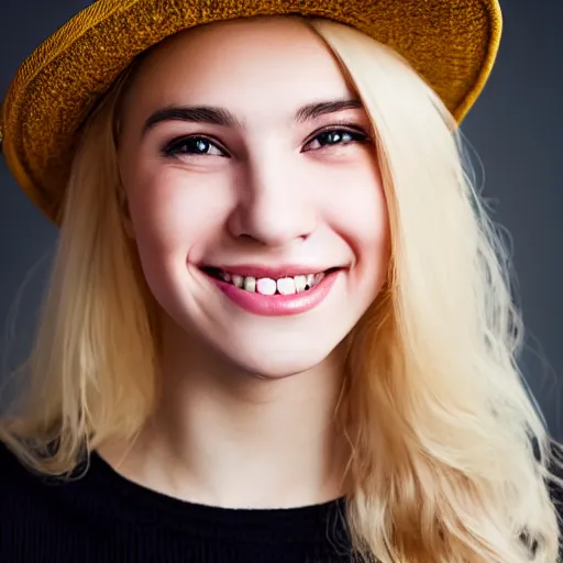 Prompt: portrait of a smiling 2 0 - year - old woman with angle lost profile nails pretty face, medium yellow blond hair, character with a hat, hair comes out of the hat a little