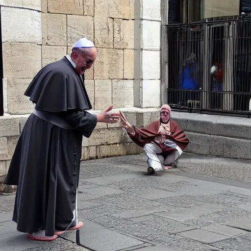 Image similar to The pope pointing and laughing at a homeless person, realistic, city streets