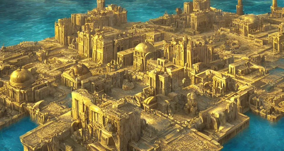 Prompt: ancient city of atlantis with big buildings in gold, fantasy, magical, cinematic, establishing shot, volumetric lighting, extremely detailed, intricate, sharp focus, coherent