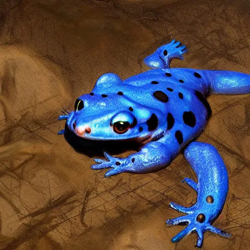 Image similar to artwork of a blue spotted salamander, by greg rutkowski, matte painting, trending on artstation, dark fantasy, super detailed, 8 k hd, volumetric light, dramatic light