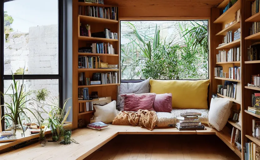 Image similar to interior desing magazine photo of a big window with a wooden frame to sit on, some sandy yellow pillows, there are a few books and plants on a integrated shelf, great architecture, ambient light, 8k