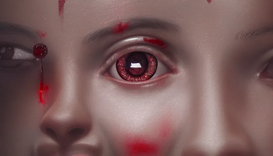 Image similar to diamond red eyes, rule of thirds, beautiful detailed face, ultra realistic, concept art, intricate details, serious, highly detailed, photorealistic, octane render, 8 k, unreal engine, detailed oil painting.