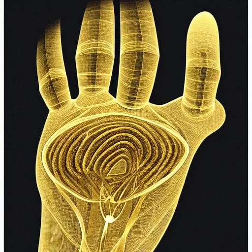 Prompt: x - ray image of a gold ring in cut view with anatomical description, low coloration, highly detailed, 8 k
