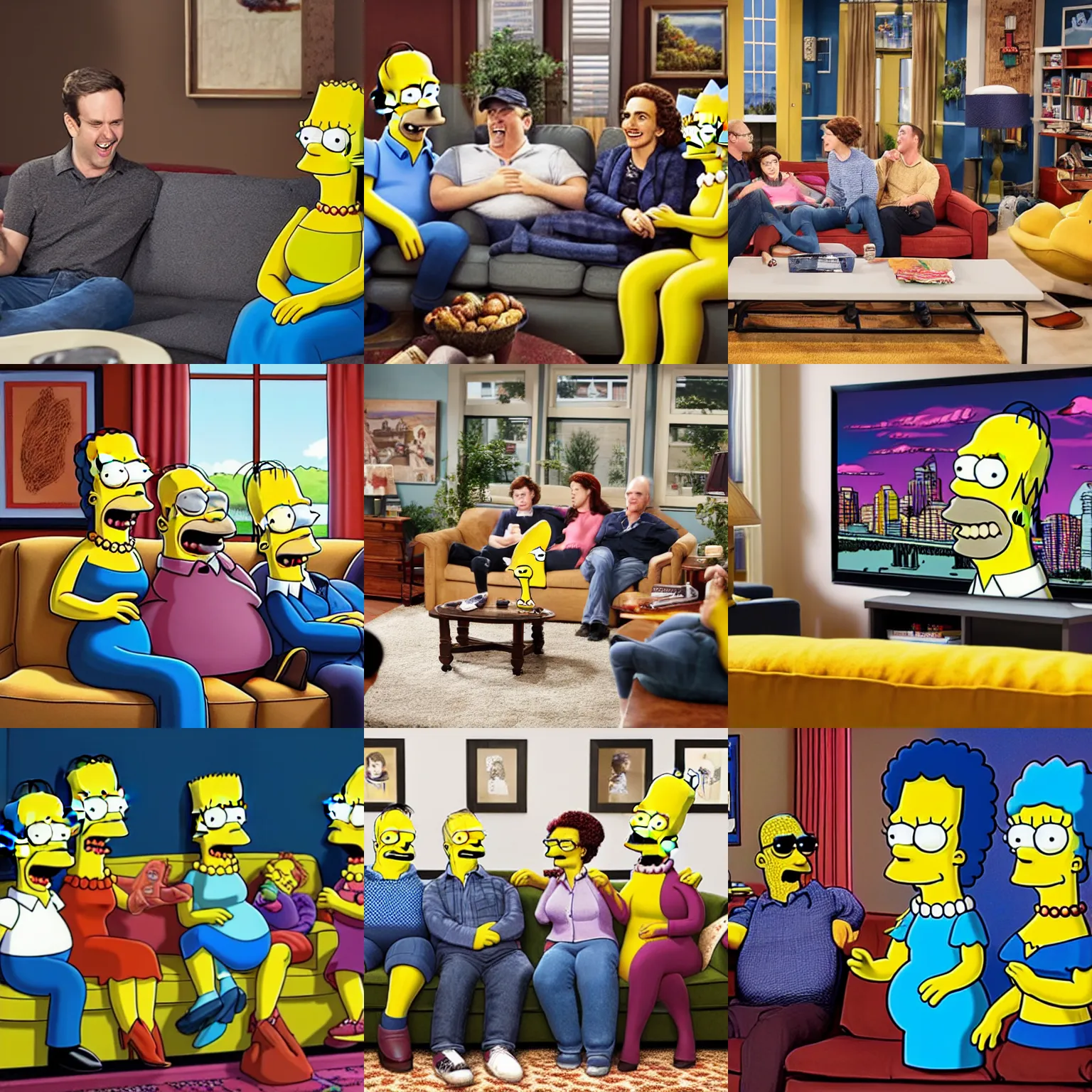 Prompt: <photo style=attention-grabbing quality=ultra-8k-hd lighting=sitcom location=simpsons-couch>people laughing at joke</photo>