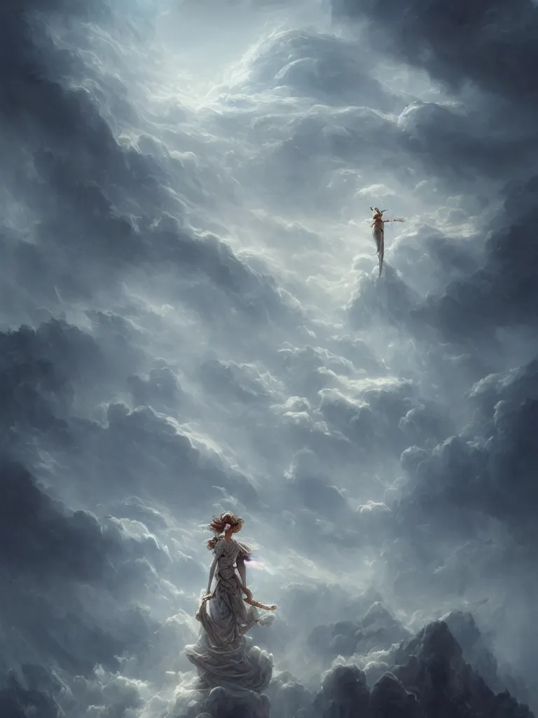 Prompt: fashion model in the clouds, made out of clouds, dramatic, intricate, elegant, highly detailed, digital painting, artstation, concept art, smooth, sharp focus, illustration, art by gustave dore, octane render, in the style of peter mohrbacher