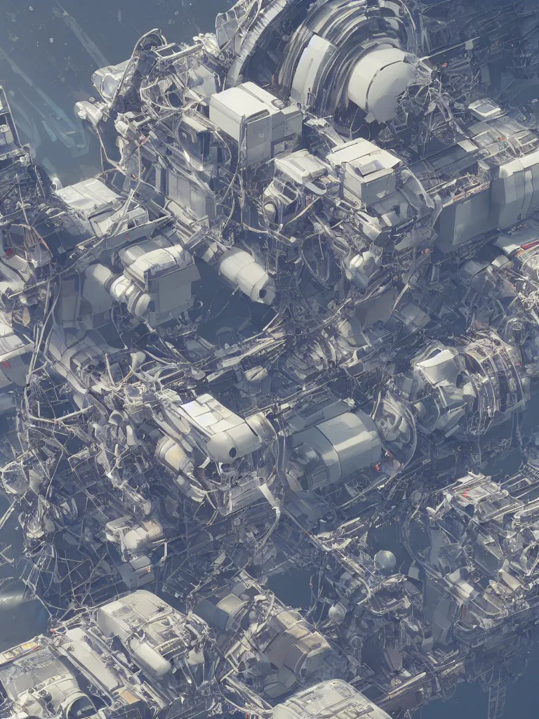 Image similar to lots of machines and machinery on an international space station, shiny chrome detailed realistic 3 d octane render by beeple, trending on cgsociety, deconstructivism, greeble, hard surface modeling, atelier olschinsky