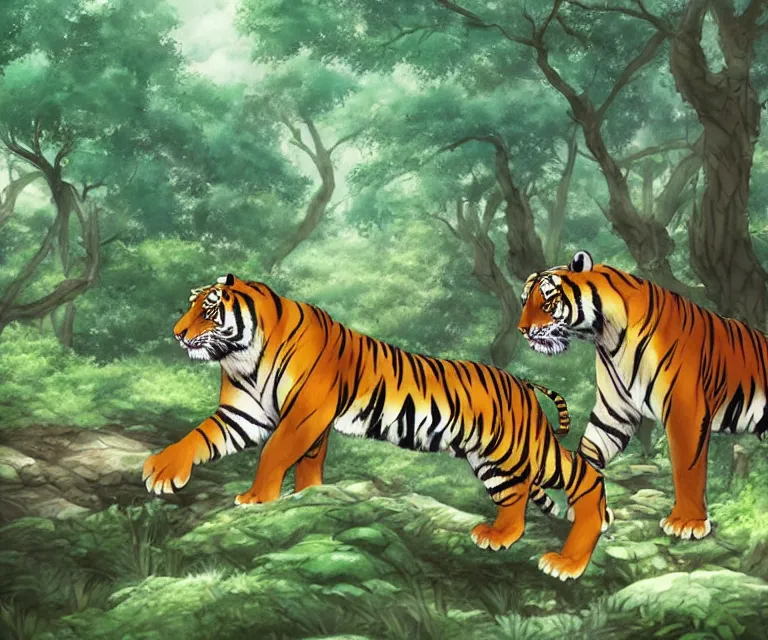 Image similar to tiger in a forest, anime fantasy illustration by tomoyuki yamasaki, kyoto studio, madhouse, ufotable, comixwave films, trending on artstation