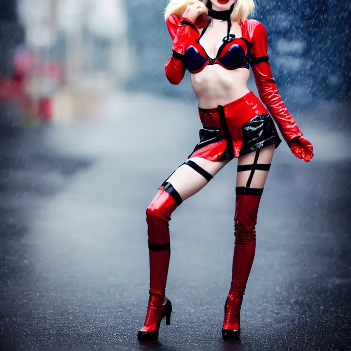 Image similar to fully body pose, photo of a very beautiful!! victoria secret model harley quinn, raining, 8 k, hdr, smooth, sharp focus, high resolution, award - winning photo, trending on artstation, dslr, 5 0 mm