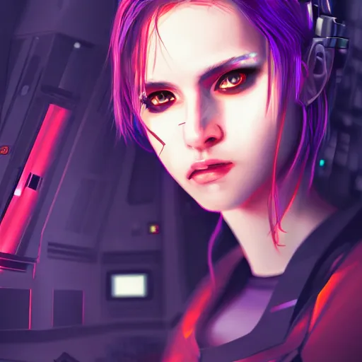 Prompt: portrait of a beautiful cyberpunk hacker girl with cybernetic eyes, sci - fi, dystopian, high contrast, digital painting, artstation, dark lighting, vivid colour, sharp focus, edgy, film grain, depth of field